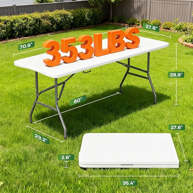 FDW 6 FT Folding Table, Portable Plastic Table with Carrying Handle Perfect for Indoor, Outdoor, Party, Dining, Wedding, Events, Camping, White