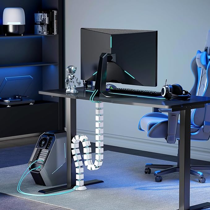 PEGZONE Under Desk Cable Management Spine – Flexible Cable Snake Organizer for Standing Desk, Tool-Free Magnetic Vertebrae Wire Management for 0.4"-2" Table, White