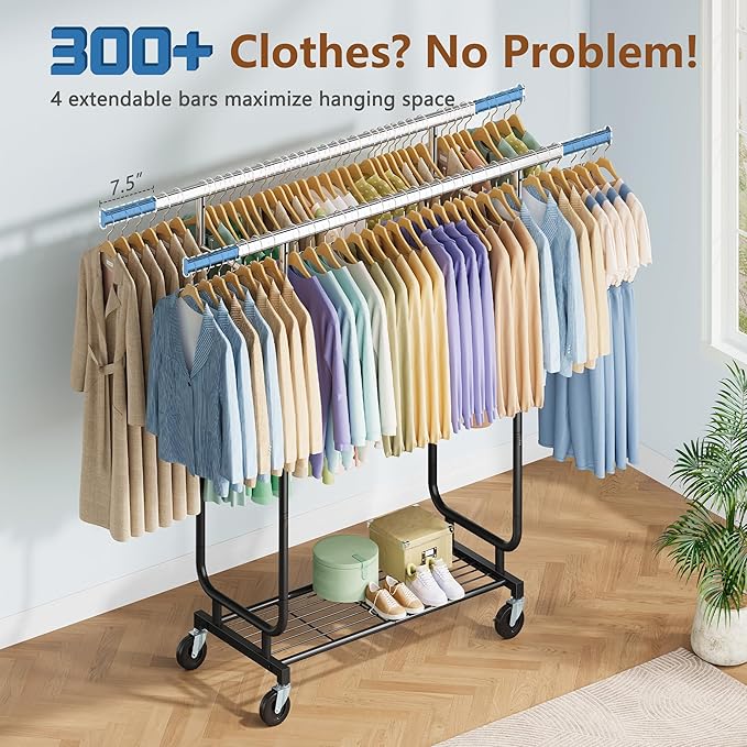 Heavy Duty Rolling Clothes Rack, 620 LBS Load Double Rod Adjustable Garment Rack with Storage Shelves & Lockable Wheels, Portable Clothing Rack for Hanging Clothes for Bedroom, Laundry Living Room