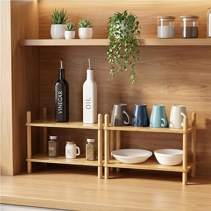 2-Tier Expandable Bamboo Desktop Organizer Shelf Kitchen Cabinet and Counter Riser Display Shelf for Top of Desk Home Office Bathroom Coffee Table Display Stand,Natural