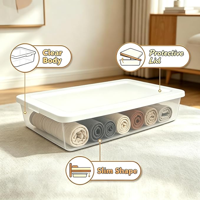 (2 Pack) 41 Quart Under Bed Storage Containers, Clear Rigid Plastic Underbed Storage Bins with Snap-On Lid, Stackable Flat Organizer Boxes for Bedroom Closet Home, White