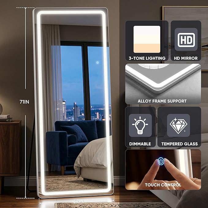 71"x32" Full Length Mirror with LED Lights, Dimmable Lighted Floor Mirror with 3 Color Lighting & Touch Control, Standing or Wall Mounted Full Body Mirror for Bedroom Dressing Room, White