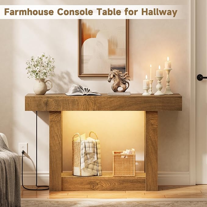 LIFECHOVY 47.2" Farmhouse Wood Entryway Table with Outlet, 2-Tier Console Table with Sensor Light Behind the Couch Sofa, Entrance Side Table for Hallway/Living Room/Foyer, Natural Oak