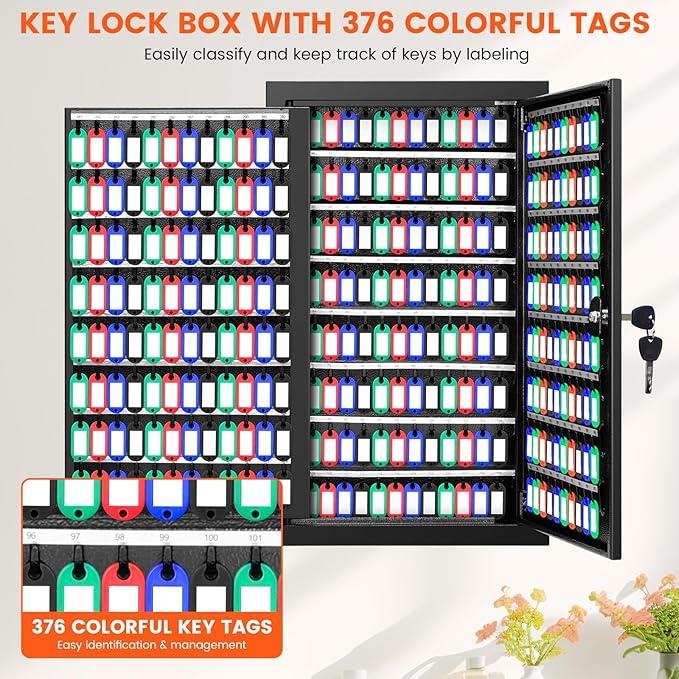 376 Keys Key Lock Box Wall Mount with 376 Numbered Hooks and 376 Colored Key Tags, Anti-Theft Key Cabinet with Key Return Drop Slot, Key Storage Box Key Organizer for Car Garage Home Office
