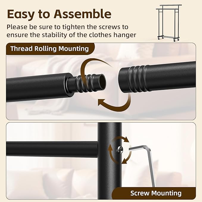 ViviDreamore Double Rods Clothes Rack, Rolling Clothing Rack for Hanging Clothes, Heavy Duty Metal Garment Rack, Multifunctional Coat Rack for Bedroom Laundry Living Room, Black