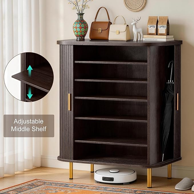 DHH Shoe Storage Cabinet with Sliding Door, 6-Tier Shoe Cabinet with Adjustable Shelves, Modern Freestanding Shoe Storage Organizer for Entryway, Hallway, Living Room (Dark Walnut, 31.5 ")