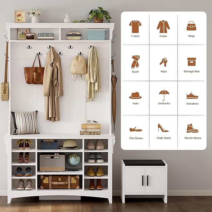 IRONCK Hall Tree with Bench and Shoe Storage, 6-in-1 Entryway Bench with Coat Rack, Adjustable Shelf, Hanging Hooks, 11 Shoe Cubbies, 2-Tier Top Storage, for Entryway, Bedroom, Living Room, White