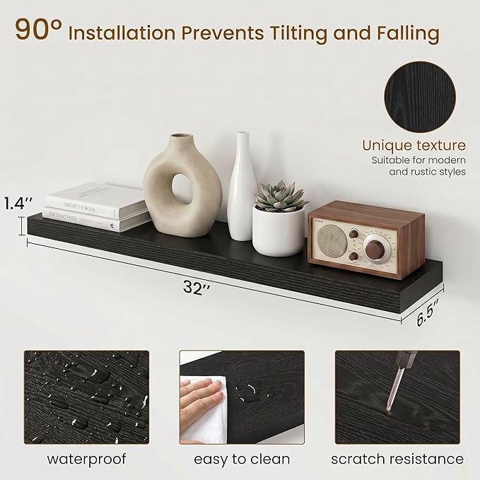 Dreamland 32inch Floating Shelves for Wall, Rustic Black Floating Shelves for Bathroom|Bedroom|Kitchen, Deep Wall Mounted Book Shelf, Wood Storage Display Shelf for Home Decor, Set of 2