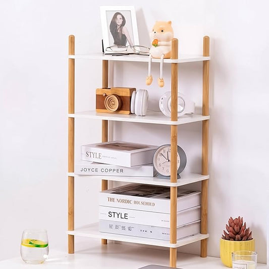 4-Tier Expandable Bamboo Desktop Organizer Shelf Kitchen Cabinet and Counter Riser Display Shelf for Top of Desk Home Office Bathroom Coffee Table Display Stand,White