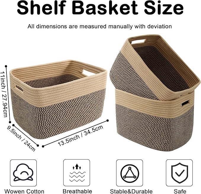 3 Pack Woven Rope Storage Baskets for Shelves,13.5"×11"×9.5" Storage Bins with Handles,Empty Gift Baskets,Nursery Organizer for Toys,Towels,Books,Closet,Living Room,Bedroom (Jute&Black)