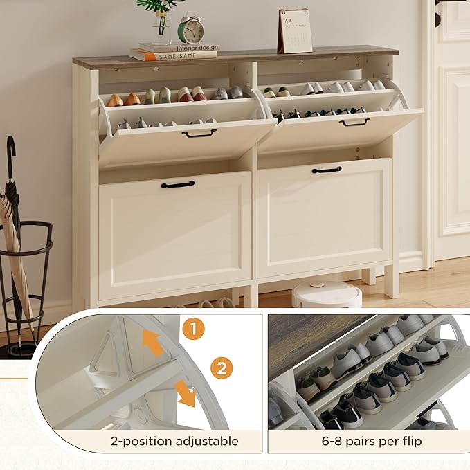 LOUVIXA Shoe Cabinet with 4 Flip Drawers, Narrow Shoe Storage Cabinet, Freestanding Shoe Cabinet Organizer, Hidden Shoe Rack Cabinet for Entryway, Hallway (4-Drawers, Off White-Brown)