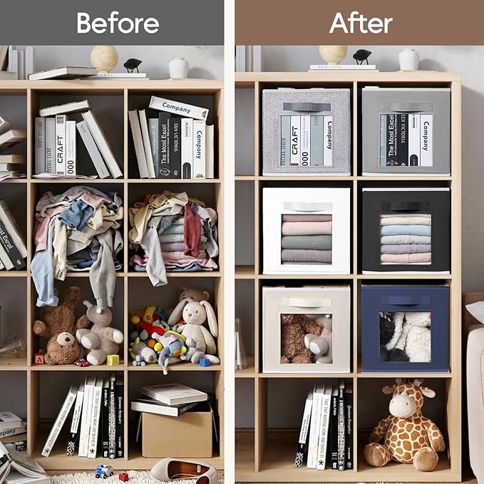 Homsorout Storage Cube 11 Inch - Cube Storage Bins with Window, Closet Storage Baskets with Handle, Fabric Bins for Closet, Shelves, Toys, Clothes, Set of 12, Navy Blue