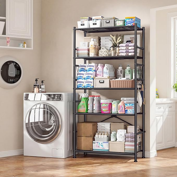 5-Storage Shelves Wire Shelving with Hooks, Metal Shelving Units Shelf Organizer, Wobble-Free Storage Rack with Adjustable Leveling Feet for Kitchen Pantry Laundry Bathroom Dorm,12"D x 30"W x 72"H