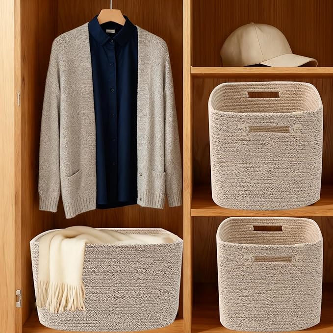 3 Pack Woven Rope Storage Baskets for Organizing,13.5"×11"×9.5"Storage Bins for Shelves,Perfect for Toys,Books,Towels,Clothes,Empty Gift Baskets for Nursery,Living Room&Bedroom(Mix Brown)