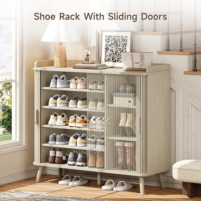 ONBRILL Shoe Cabinet with Sliding Door, 5-Tier Hidden Shoe Rack with Adjustable Shelves, Wooden Shoe Storage Organizer with Open Bottom Space, Freestanding Shoe Shelf for Entryway (Natural White)