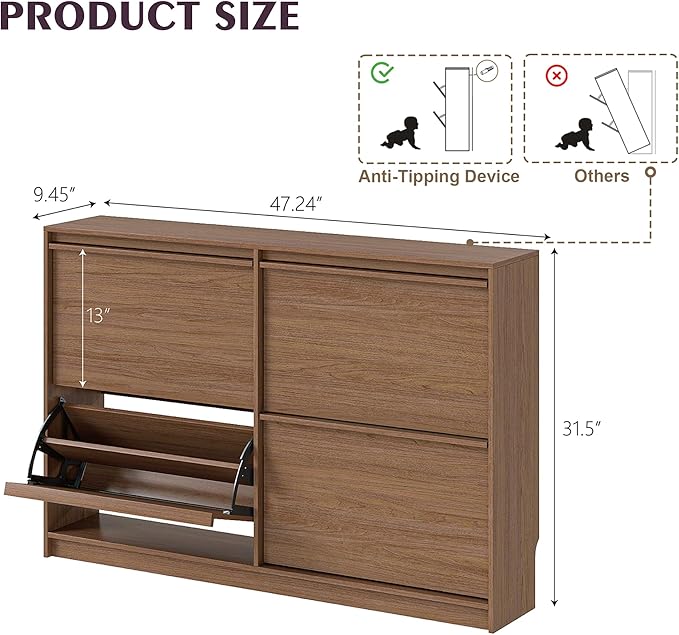 Shoe Cabinet with 4 Flip Drawers, Modern Narrow Shoe Storage Cabinet Organizer with Adjustable Shelf, Hidden Freestanding Shoe Rack for Entryway, Hallway, Living Room, Walnut