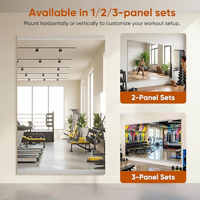 Home Gym Mirror, 48" x 25"-3PCS, Large Full Length Mirror Wall Mounted for Yoga, Frameless Tempered Glass for Home Gym, Dance Studio, Living Room, Bathroom