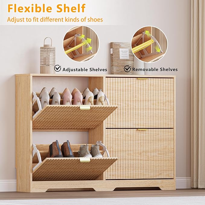 BORNOON Large Shoe Cabinet for Entryway, Shoe Rack Cabinet with 4 Flip Drawer and Adjustable Shelves for Small Apartment, Foyer
