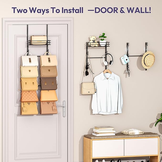 SWTYMIKI Over the Door Purse Organizer - Wall Mounted Handbag Organizer with 10 Hooks and Metal Basket, Hanging Purse Storage Rack Holds up to 10 Bags, Bag Rack Can Use As 1/2 Part, for Door, Closet