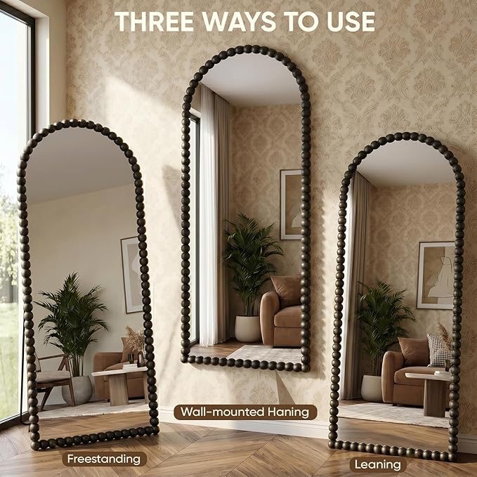 Antok 58" x 21" Arched Full Length Mirror, Antique Beaded Frame Floor Standing or Wall Mounted Mirror with Stand for Bedroom, Entryway, Black, Luxury Style
