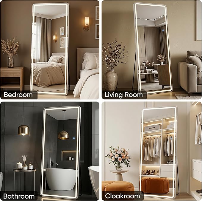 76"x34" Full Length Mirror with LED Lights, Dimmable Lighted Floor Mirror with 3 Color Lighting & Touch Control, Standing Wall Mounted Full Body Mirror, Tempered Glass for Bedroom, White