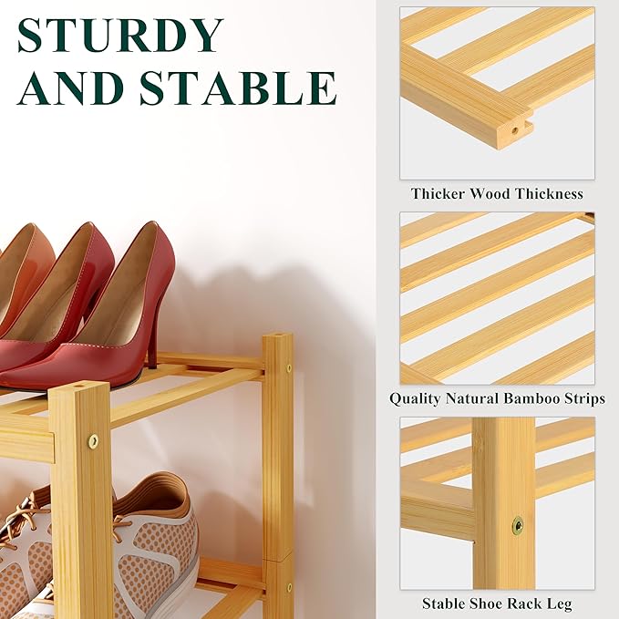 Smiry Small Bamboo Shoe Rack, 6 Tier Free Standing Wooden Shoe Organizer, Stackable Wood Shoe Storage Shelf for Closet, Entryway, 12 Vertical Slats, 2+2+2 Stack Standard Legs, 17.3"x11"x39", Natural