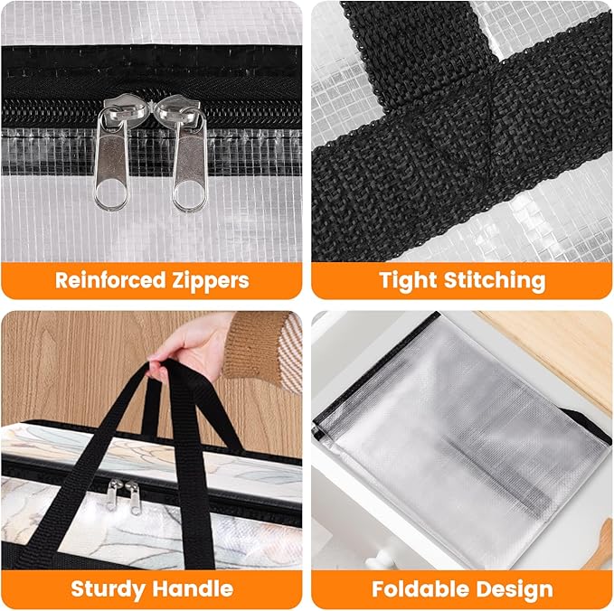 BlissTotes 4 Pack Clear Clothes Storage Bags, Moving Bags, Foldable Blanket Storage Under Bed Storage Containers with Sturdy Zipper and Handle for Clothing, Comforter, Bedding, Sheet (40L)