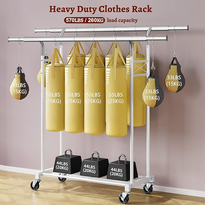 FAVOOSTY Clothes Rack for Hanging Clothes Double Rods, Rolling & Extending Clothing Rack with Wheels, Garment Coat Rack Freestanding, Portable Clothes Rack, White