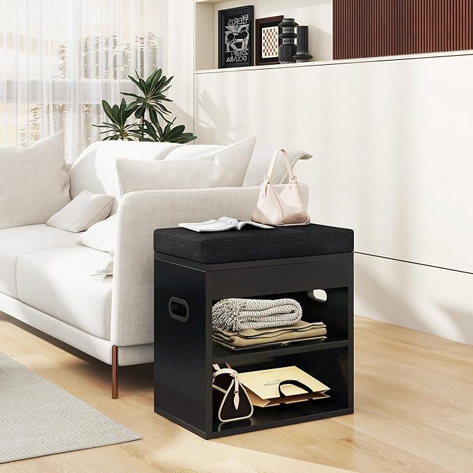 YMYNY Small Shoe Storage Bench with Cushion and Drawer, 2 Tier Adjustable Entryway Bench with Storage, Wooden Shoe Rack Bench for Entryway, Living Room, Hallway, Closet, Bedroom, Black, HSC002B