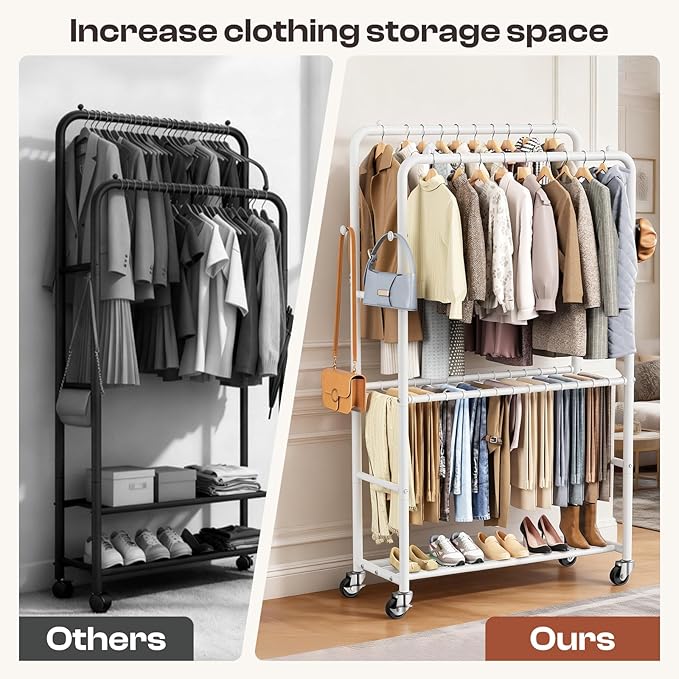 Clothes Rack - 4-Bar Double Rod Clothing Rack with 15 Pants Racks - Rolling Clothes Rack with Shelves - Portable Garment Rack for Bedroom Laundry Room Closet - White