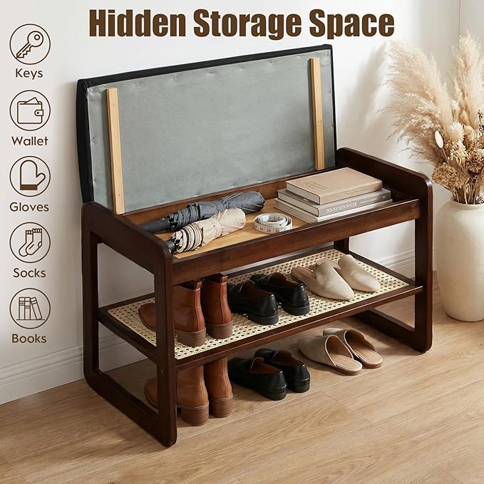 Shoe Rack Bench 2 Tier 27.6'' Bamboo Entryway Bench with Cushion and Hidden Storage Hold up to 300 lb Shoe Organizer for Hallway, Closet, Front Door Entrance, Foyer , Living Room, Bedroom (Black)