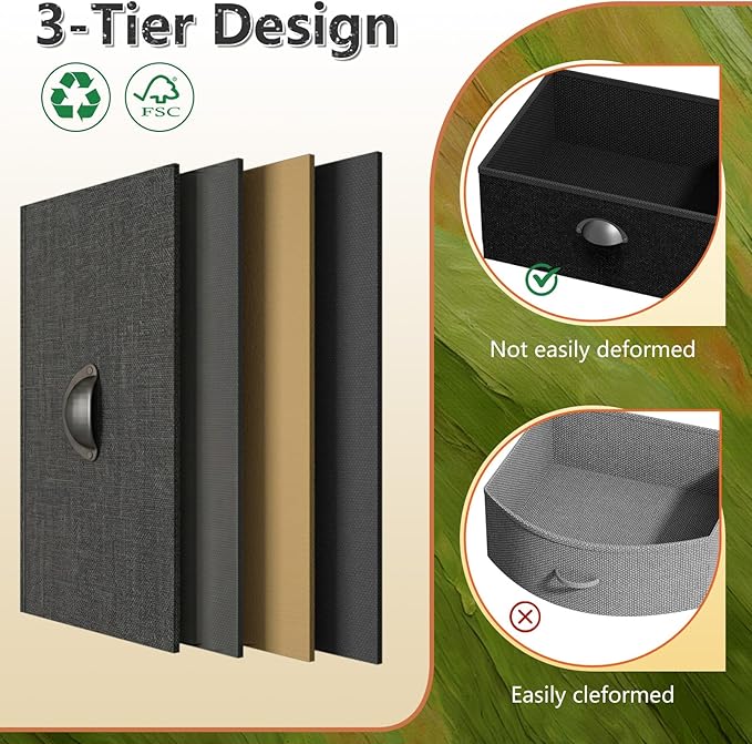 Nightstand with 3 Drawers, Bedside Table with 2-Tier Storage Shelf, Fabric Small Dresser Organizer, End Table Side Table, Living Room, Closet, Sturdy Steel Frame, Wood Top, Black
