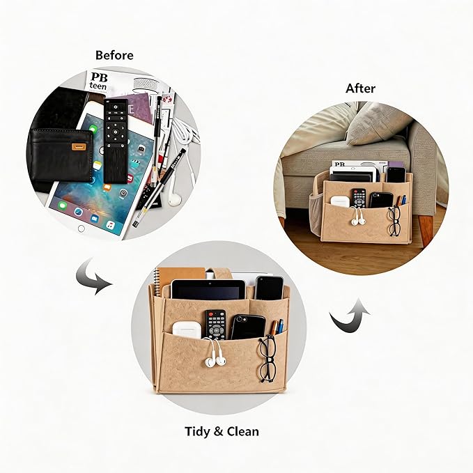 Bedside Caddy,Large Bed Caddy Hanging with Cord Slit, Bedside Remote Holder for Magazine,Books,Bunk Bed Accessories with Strong-Grip Loop Tape Sticky for Dorm, Bedroom, Sofa