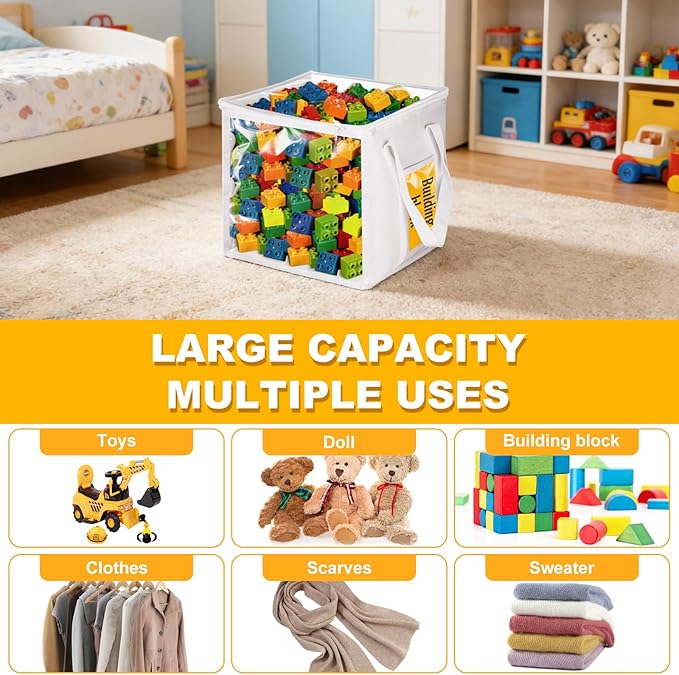 4 Pack Clear PVC Storage Bins with Handles - 12" x 12" Cube Storage Bins Foldable Transparent Storage Box, PVC Organizer Boxes for Clothes, Toys and Stuffed Animal Storage (White)