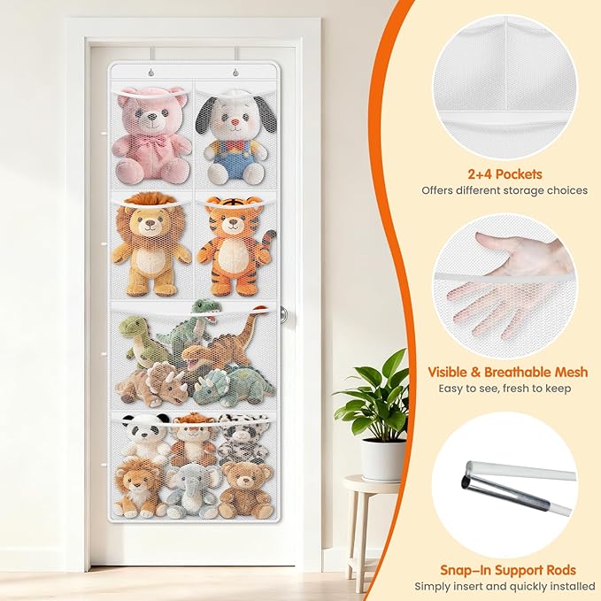SpaceHacks Stuffed Animal Storage - Large Over the Door Organizer with 6 Expandable Mesh Pockets & Metal Hooks, Non-Woven Fabric Hanging Plush Items Holder for Nursery, Bedroom, Playroom (White)