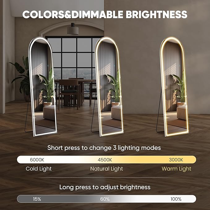 OLIXIS 16"×60" Arched LED Full Length Mirror with Lights, Standing Lighted Floor Full Body Mirror with 3 Color Lighting, Wall Mounted Mirrors for Bedroom, Home, Entryway with Tempered Glass