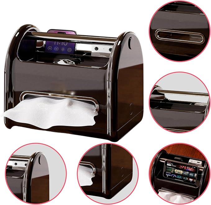 Tissue Box Cover Rectangular with Storage Tray | Multifunctional Facial Tissue Holder and Desk Organizer Napkin Holder | Side Table Unique Home Décor Tissue Box Covers for Vanity Counter Tops (Black)