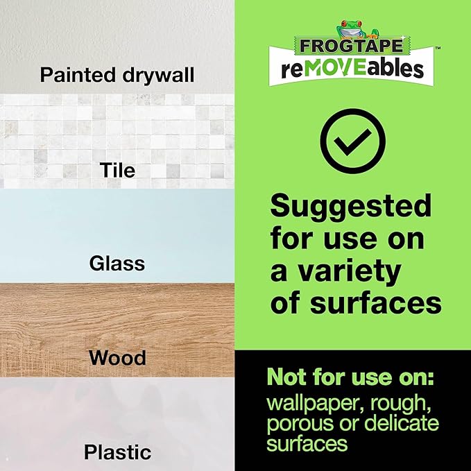 FrogTape reMOVEables Heavy Duty Wall Hooks - 8 Hooks and 12 Strips - Holds up to 3 lbs - No Damage - Easy to Remove & Reuse - Medium Wall Hook with Adhesive Strips - White (Pack of 8)