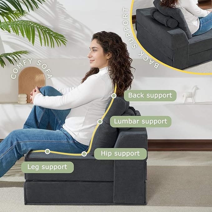 Folding Sofa Bed, 4 in 1 Convertible Sleeper Chair with Pillow, Loveseat Memory Foam Fold Out Chair Bed, Modern Floor Futon Sofa Couch Mattress for Living Room/Guest/Apartment, Black Grey | Compressed sofa