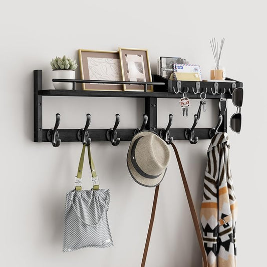 29 inch Coat Rack Wall Mount with Shelf, Heavy Duty Coat Hooks Wall Mount, Entryway Coat Hanger Wall Shelf with Key Holders and Mail Organizer for Living Room, Bedroom, Bathroom, Black