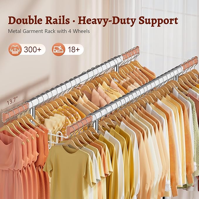 FAVOOSTY Heavy Duty Clothes Rack for Hanging Clothes with Double Rods, Rolling & Extending Clothing Rack with Wheels, Garment Coat Rack Freestanding, Portable, White