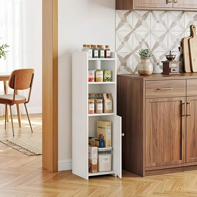 Narrow Bathroom Storage Cabinet, 4-Tier Slim Bathroom Organizers with Door and Open Shelf for Toilet Bathroom Small Spaces (7.9" D x 7.9" W x 31.5" H)