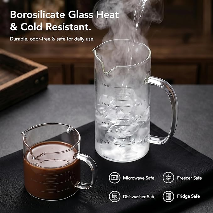 Genicook Glass Measuring Cups Set of 2 (16.9oz & 33.8oz), Borosilicate Glass Measuring Cup with 3 Pour Spouts, Liquid Measuring Cup for Baking Cooking, Microwave & Oven Safe