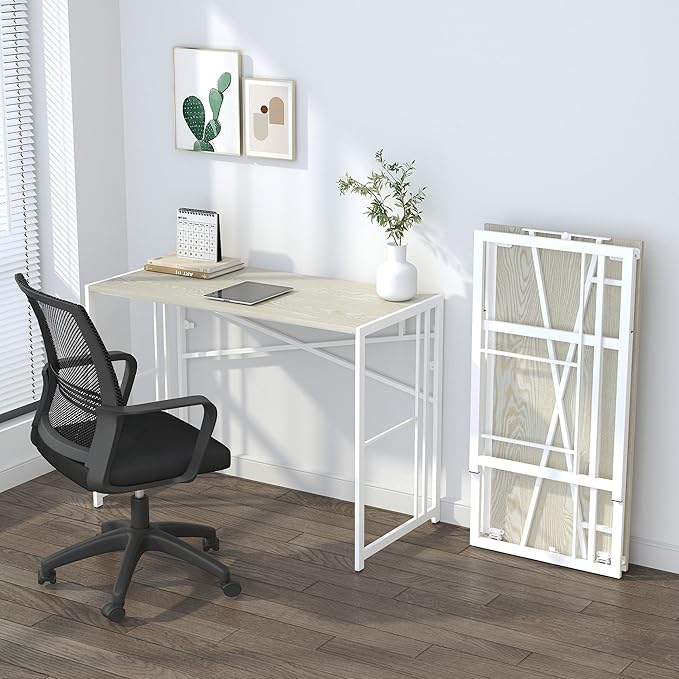 Lutown-Teen 40 inch Folding Desk, Writing Gaming Computer Camping Desk, No Assembly Required Home Office Table, Natural and White