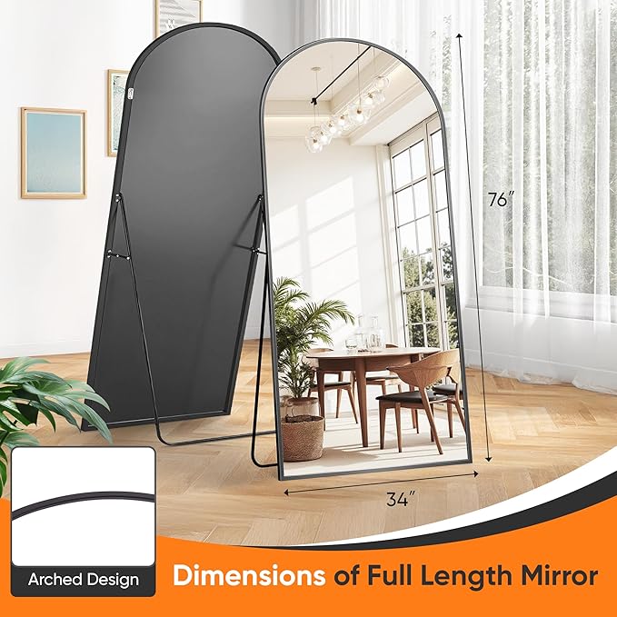 Suidia Full Length Mirror, 76"x34" Floor Standing Mirror Freestanding, Full Body Mirrors with Stand for Bedroom, Hanging Mounted for Living Room Cloakroom, Black, Arched Style