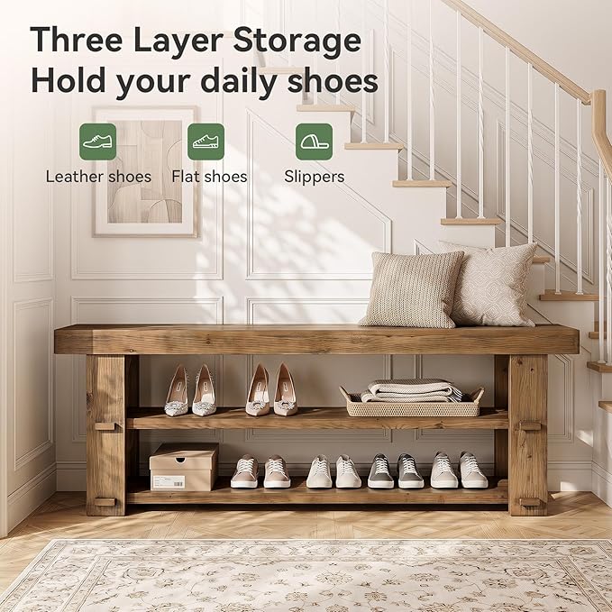 Solid Wood Entryway Bench, 55'' End of Bed Bench with 2-Tier Shoe Storage Shelves, Farmhouse Shoe Bench for Entryway, Hallway, Bedroom, Mudroom, Rustic Brown