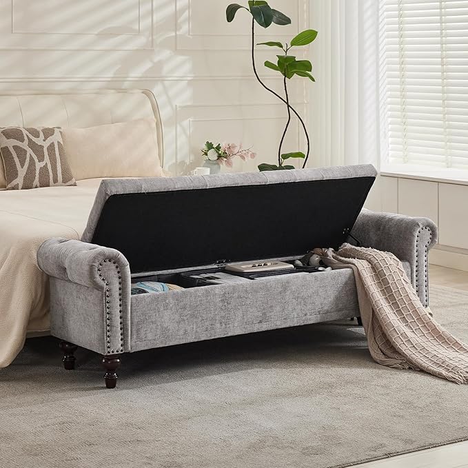SOFTHION Storage Bench for Bedroom, 67" End of Bed Bench King Size, Upholstered Chenille Storage Ottoman with Tufted Cushioned Rolled Arm Large Storage Space for Living Room Entryway, Light Grey
