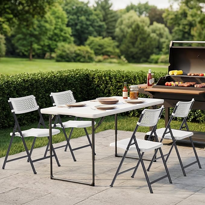 White Folding Chairs 4-Pack, Mesh Injection Molded Plastic with Metal Frame & Non-Slip Pads, 400 lbs Capacity, Foldable for Indoor/Outdoor Wedding Garden Patio Events & Card Tables, Easy-Clean