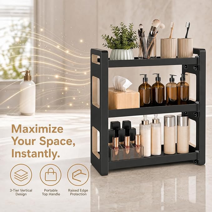 Narrow Solid Wood Bathroom Counter Organizer, Space-Saving Bathroom Storage Rack for Vanity, Multi-Purpose Kitchen Spice Rack & Bedroom Makeup Organizer(Acacia, 3 Tier)