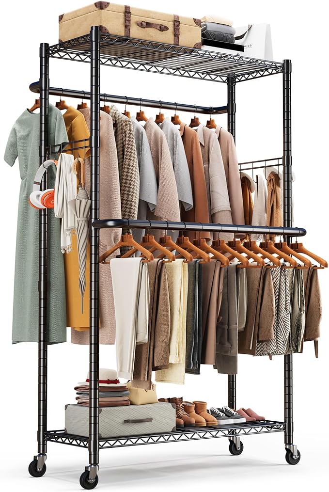 HOKEEPER Clothes Racks 400 LBS Heavy Duty Clothing Racks for Hanging Clothes Adjustable Coat Rack with Wheels & Hooks Freestanding Wire Garment Rack Portable Closet Wardrobe 74.8''H*38.2" W